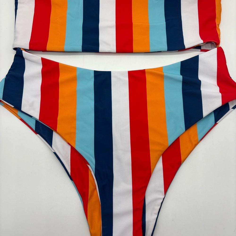 Olyvenn Women's Bikini Wrap Chest Top Triangle Bottom Color block Stripe Large